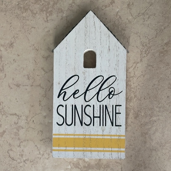 2 New! "Hello Sunshine" Wood & Metal House Shaped Sign Decor Yellow White - Picture 1 of 1
